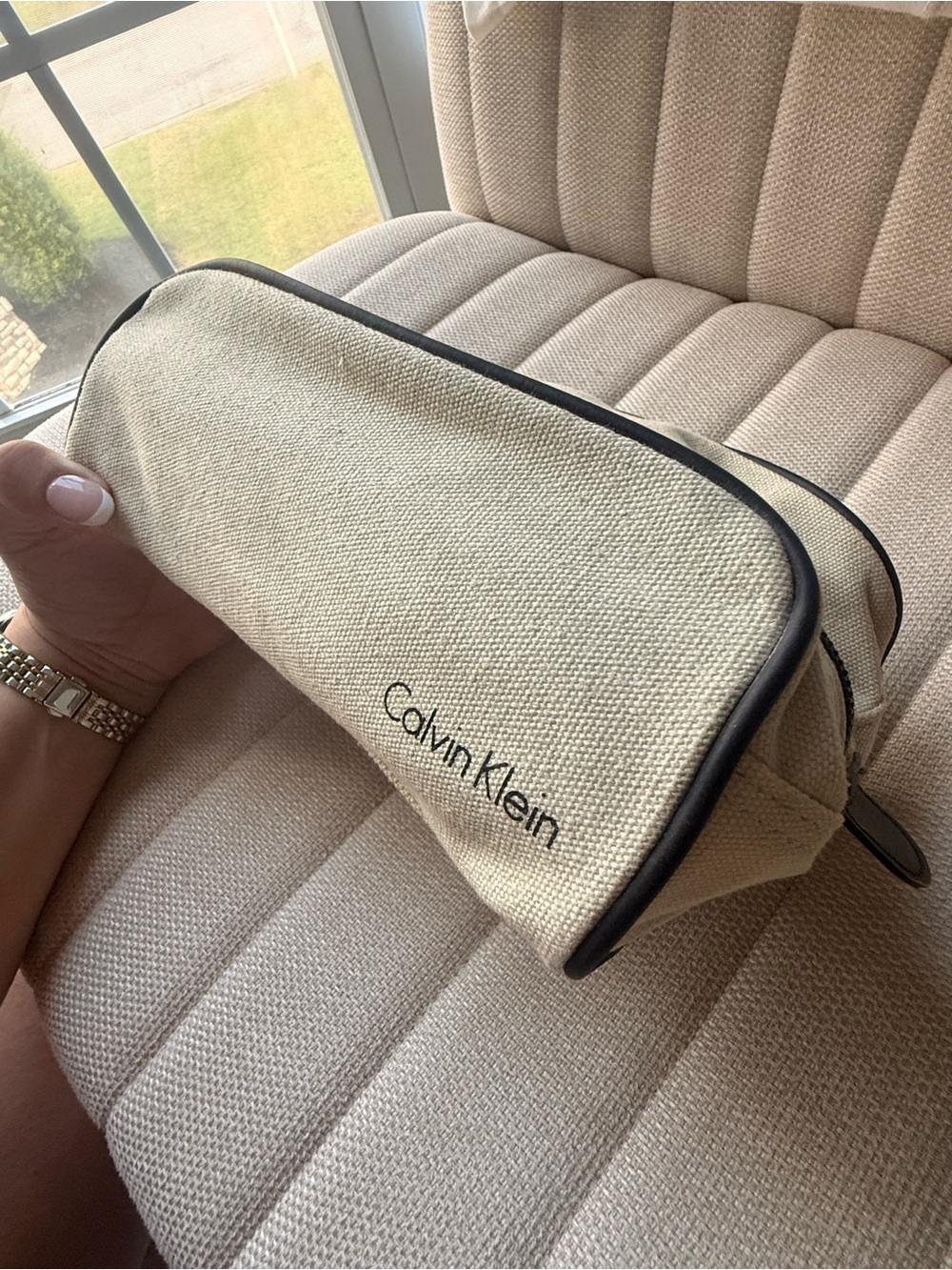 Calvin Klein Cream Canvas Toiletry Pouch with Black Trim